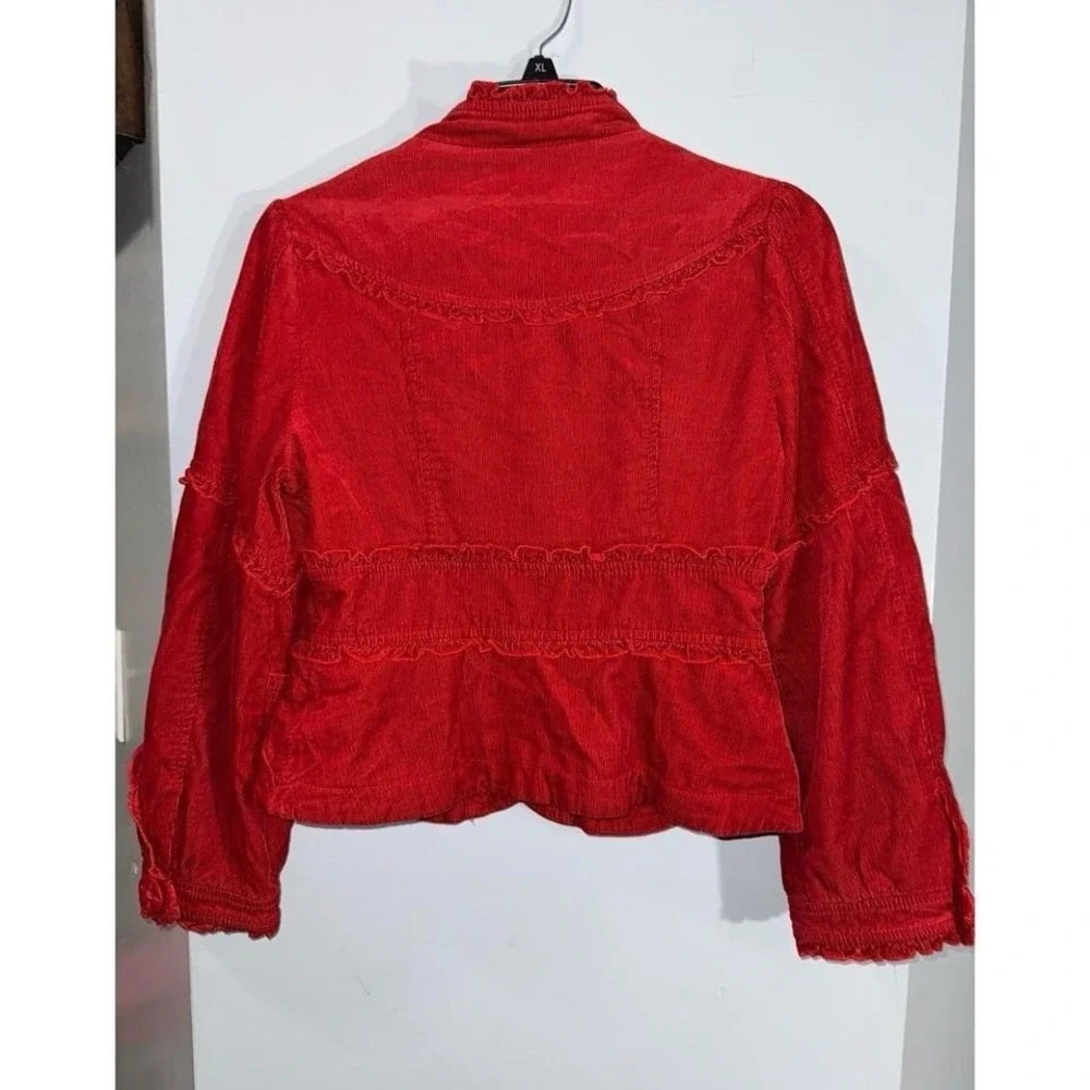 Elevenses by Anthropologie red corduroy‎ large button front ruffle jacket size 4